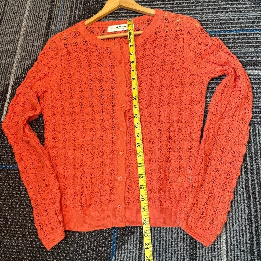 Sparrow Medium Coral Orange Cardigan Open knit crochet button front - Picture 10 of 12